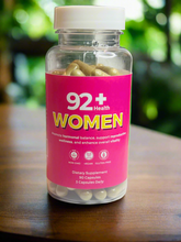 Load image into Gallery viewer, 92+ Women's Health supplement bottle with 90 plant-based capsules for hormonal balance and reproductive wellness.