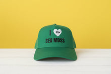 Load image into Gallery viewer, Green 92+Signature Cap trucker hat with I heart 92+ Sea Moss design, 100% cotton
