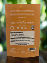 Load image into Gallery viewer, Back of 92+ Soursop Leaves package showing supplement facts, usage, storage instructions, and company contact information.
