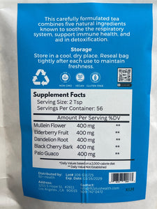 92+ Lung Tea Lung Detox herbal blend with mullein flower, elderberry, dandelion root, black cherry bark, and palo guaco for respiratory and immune support