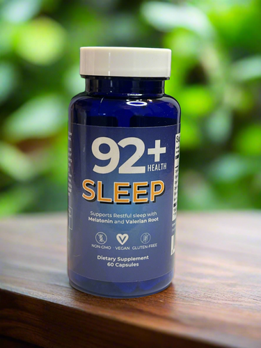 92+ Sleep Support capsules blend organic Valerian Root, Passion Flower, Hops, Lemon Balm, and Irish Sea Moss for restful sleep. Achieve restorative rest naturally.