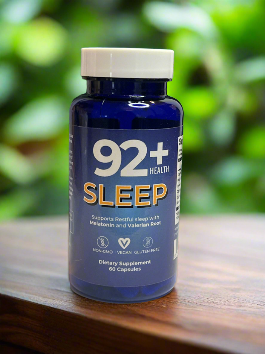 92+ Sleep Support capsules blend organic Valerian Root, Passion Flower, Hops, Lemon Balm, and Irish Sea Moss for restful sleep. Achieve restorative rest naturally.